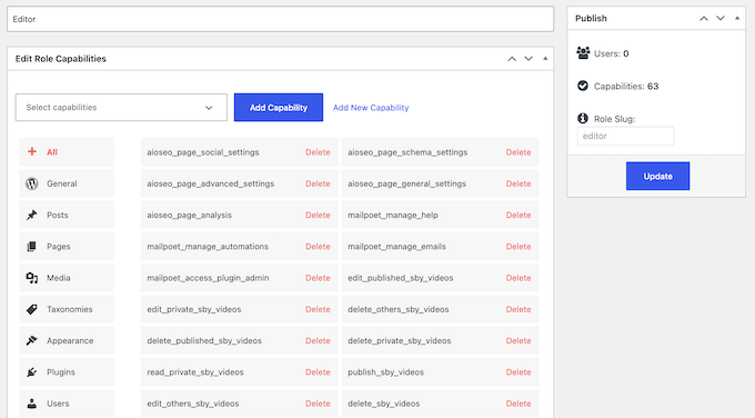 Editing the WordPress user capabilities 