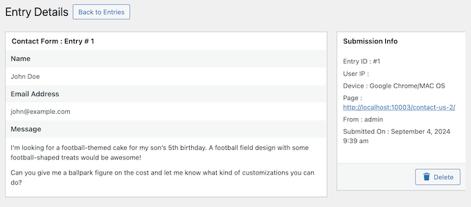 Managing form entry details in the WordPress admin area