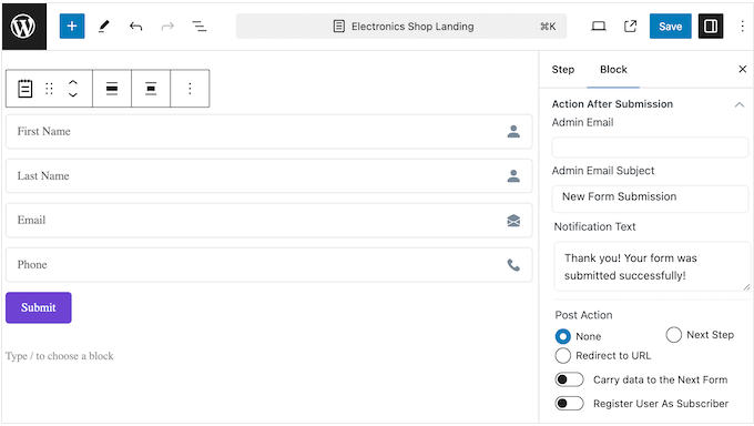 Configuring the form submission action in WordPress