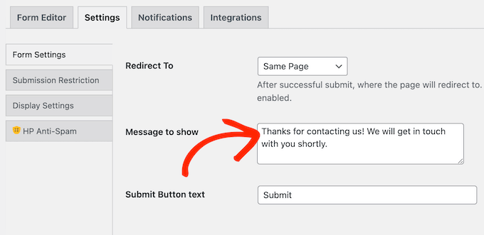 Displaying form submission messages on your website or blog