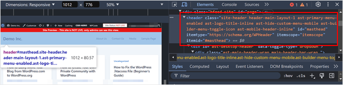 Finding the code for the header section with the Inspect tool