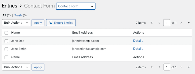 Managing form entries in the WordPress dashboard