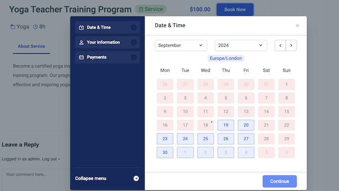 An example of a multiple page booking form