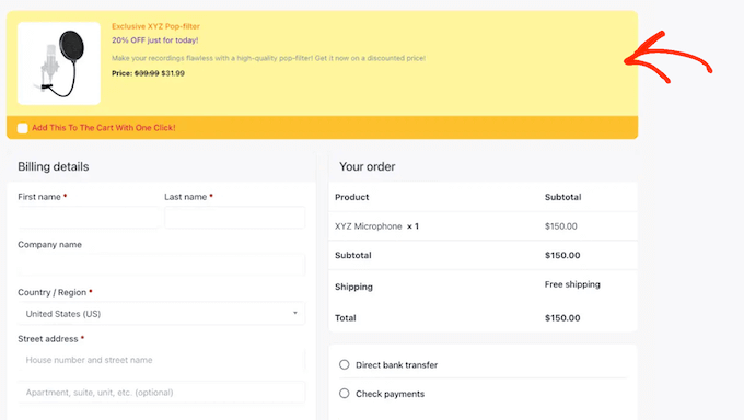 An example of an order bump, created using WPFunnels