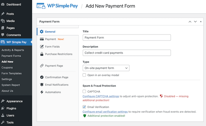 General settings of a payment for in WP Simple Pay