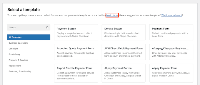 Selecting a WPSimple Pay template