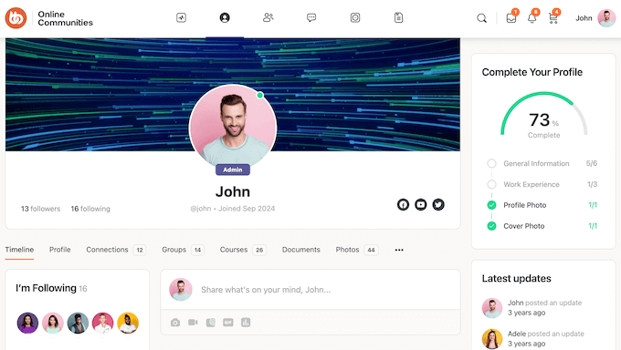 An example of a social profile, created using BuddyBoss