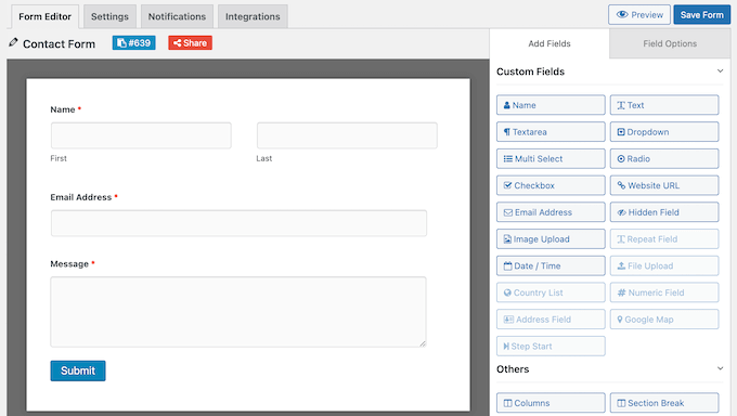 An example of a drag and drop contact form builder