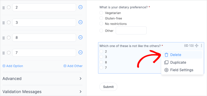 Formidable Forms' delete  field button