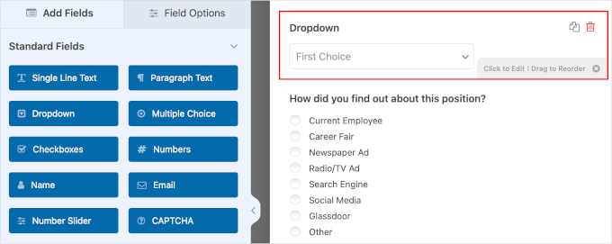 A new dropdown field for the job application form