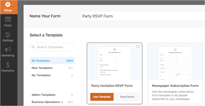 WPForms' Party Invitation RSVP template