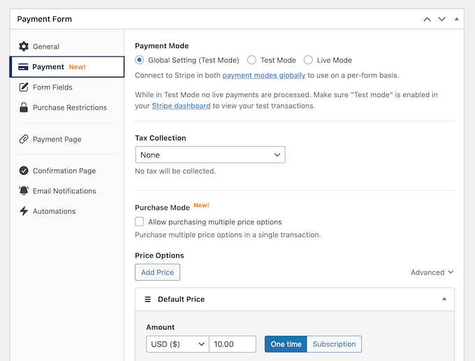 Payment settings in WP Simple Pay form