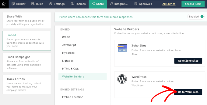 The Go to WordPress button in Zoho Forms