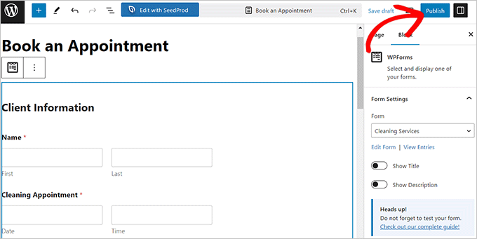 Publish cleaning services form