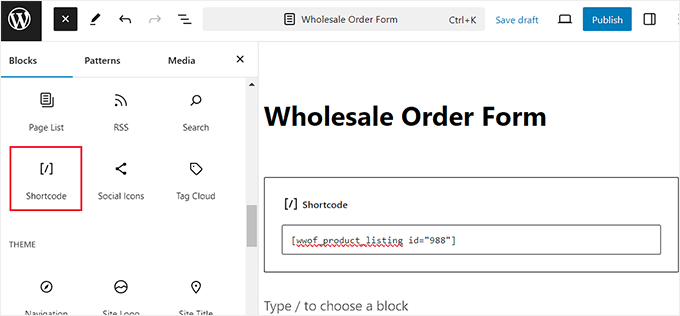 Add order form shortcode