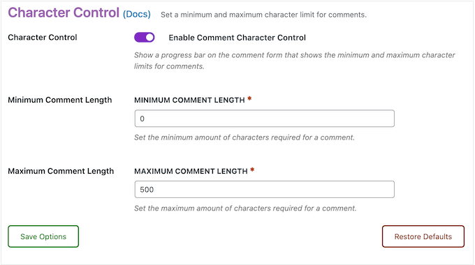 How to add a minimum and maximum limit to a comment form