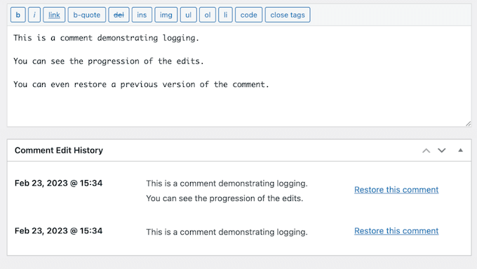 An example of a comment history, logged using Comment Edit Pro