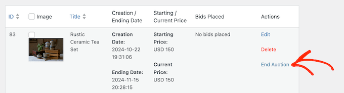 Ending auction listings manually on your WordPress blog or website