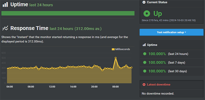 Kinsta uptime test result