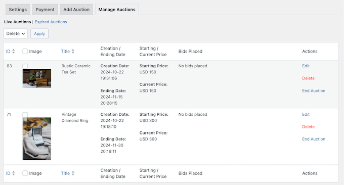 How to manage your auctions in the WordPress dashboard