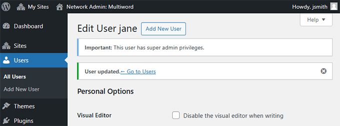 Multisite now has a new super admin user