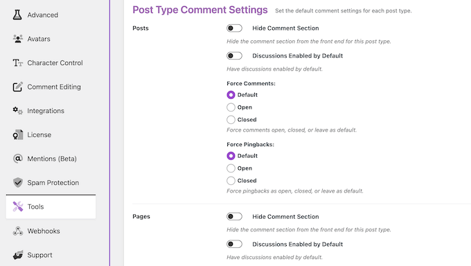 How to create different comment and discussion settings based on post type