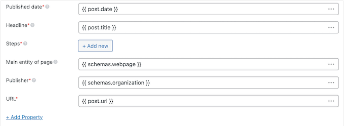 Configuring the properties for SEO schema 