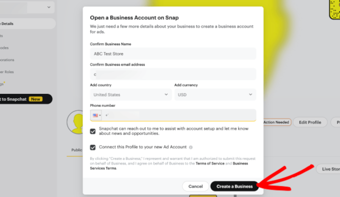 Snapchat business setup