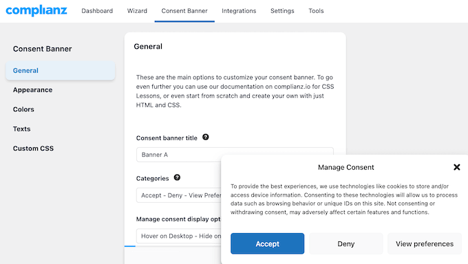 Creating a custom privacy banner using Complianz