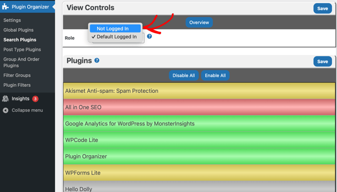 Setting the Plugin Organizer Controls to Not Logged In