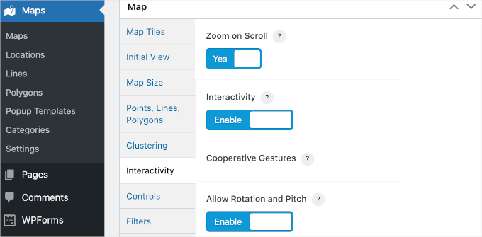 Mapster interactivity options