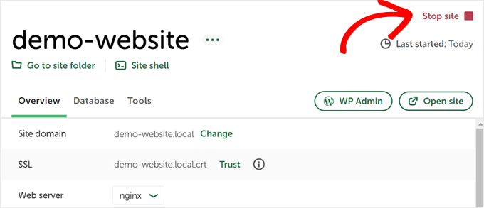 Stopping the local website from running on Local WP