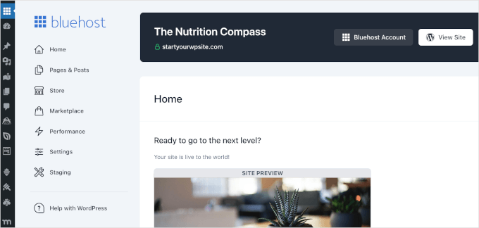 WordPress Bluehost dashboard