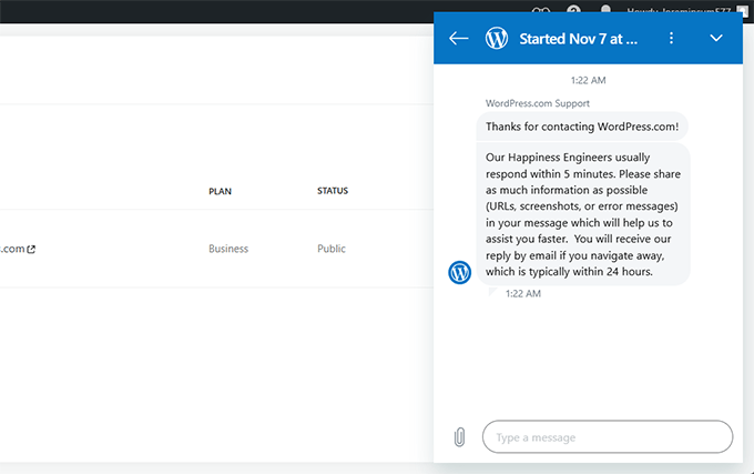 WordPress.com live chat support