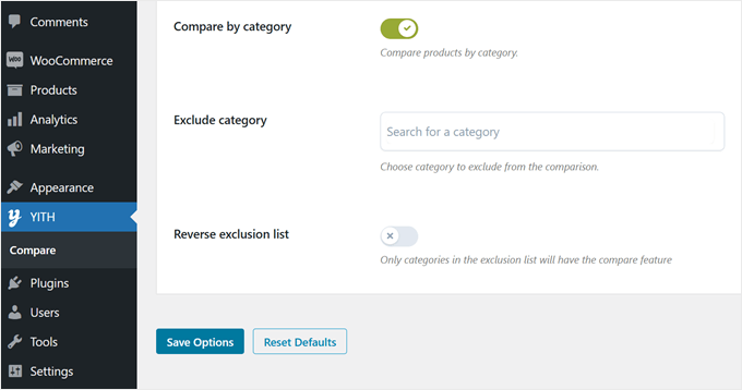 Category exclusion feature in YITH WooCommerce Compare