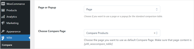 Choosing page for the product comparison table made with YITH WooCommerce Compare