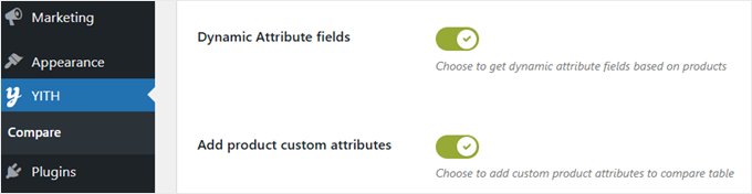 Enabling dynamic fields and fields for custom attributes with YITH WooCommerce Compare