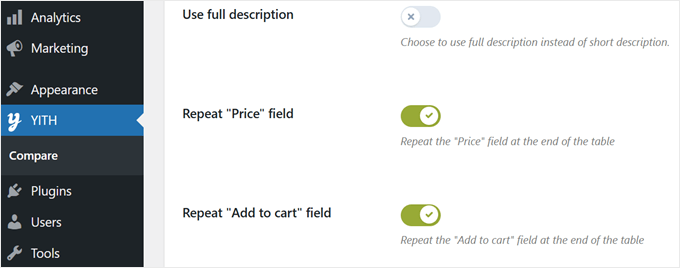 Configuring the field options for the product comparison table made with YITH WooCommerce Compare