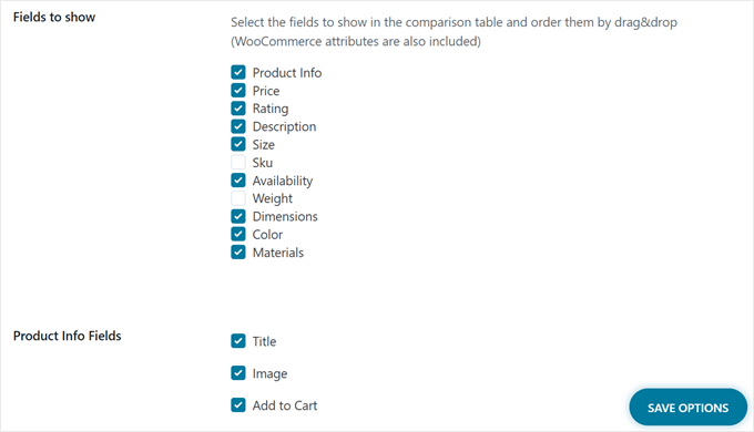 Choosing which fields to show in the product comparison table with YITH WooCommerce Compare