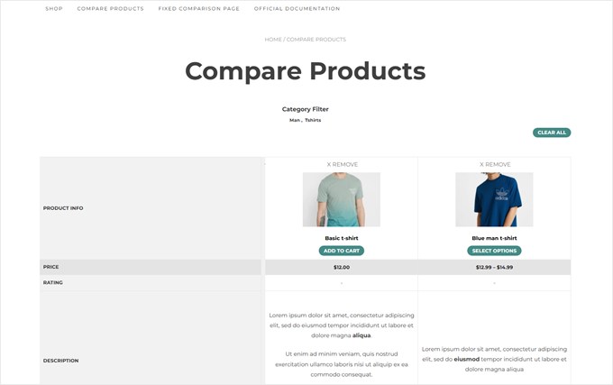 Product comparison page made with YITH WooCommerce Compare