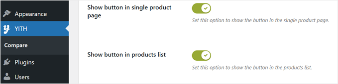 Choosing to show the compare button in the shop page and single product pages with YITH WooCommerce Compare