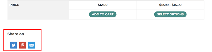 The social share buttons below the YITH WooCommerce Compare table