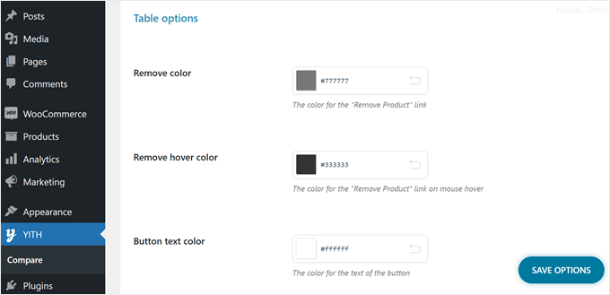 YITH WooCommerce Compare's customization options