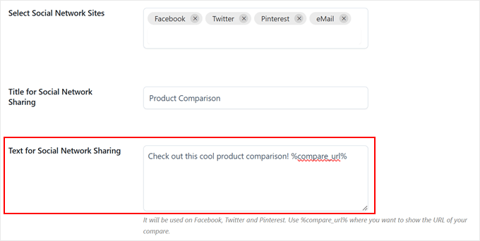 Editing the social sharing text for product comparison table with YITH WooCommerce Compare