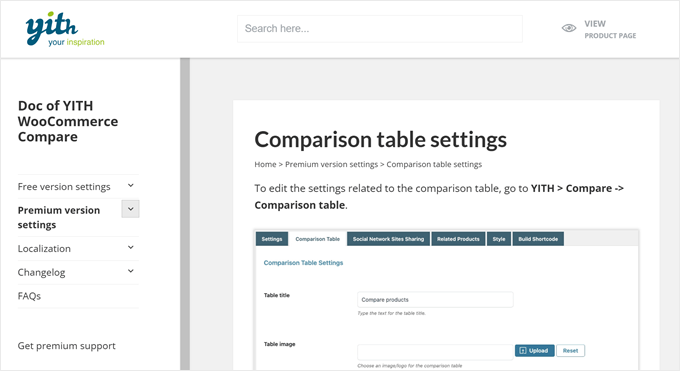 YITH WooCommerce Compare's documentation