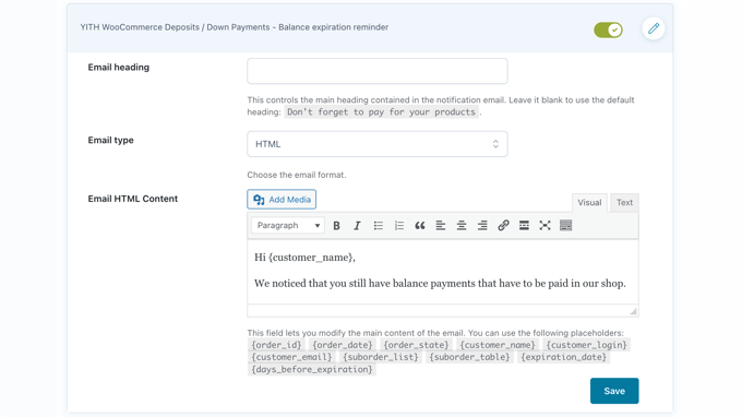 YITH WooCommerce Deposits / Down Payments - Email Settings