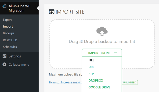 All in One WP Migration's dra-and-drop import feature