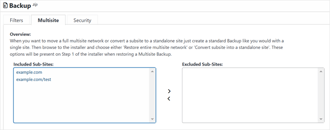 Choosing what subsites to exclude or include in the WordPress multisite backup