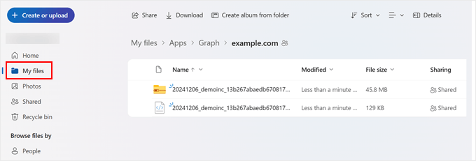 What Duplicator backups look like in OneDrive