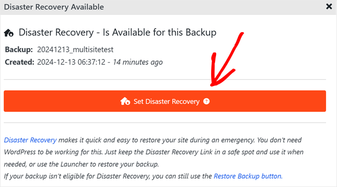 Setting a backup file as a disaster recovery point in Duplicator